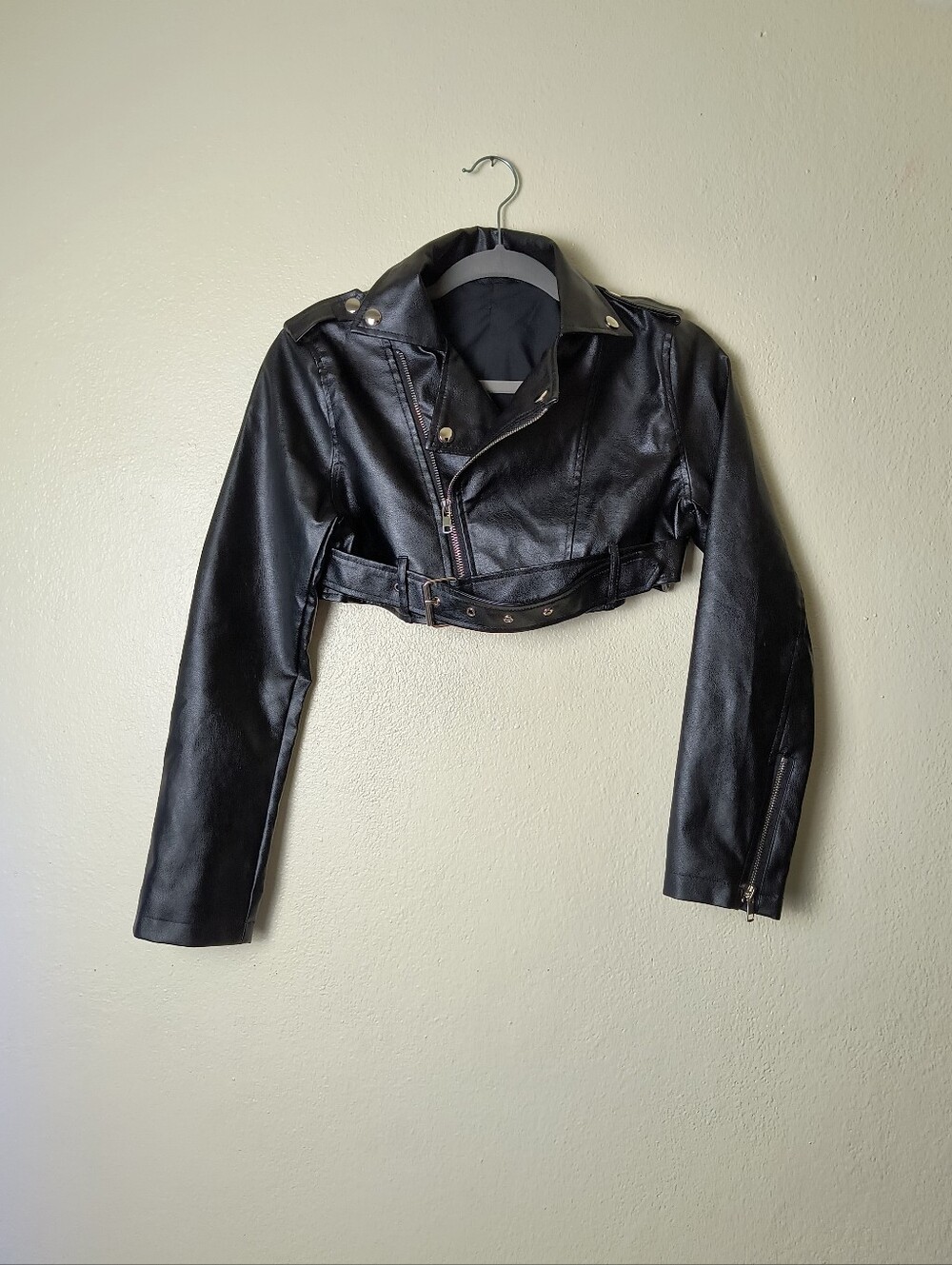 Cropped Black Faux Leather Moto Jacket - Women Size S